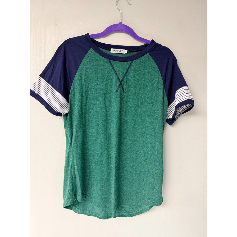 Adibosy Womens Medium Raglan Tee Green Navy Short Sleeve Casual Top